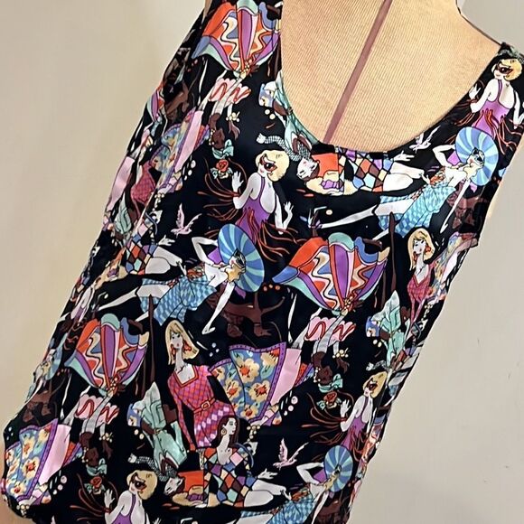 Edgemont 100% Silk Retro Themed Printed Tank Blouse - Size Medium - Picture 2 of 13